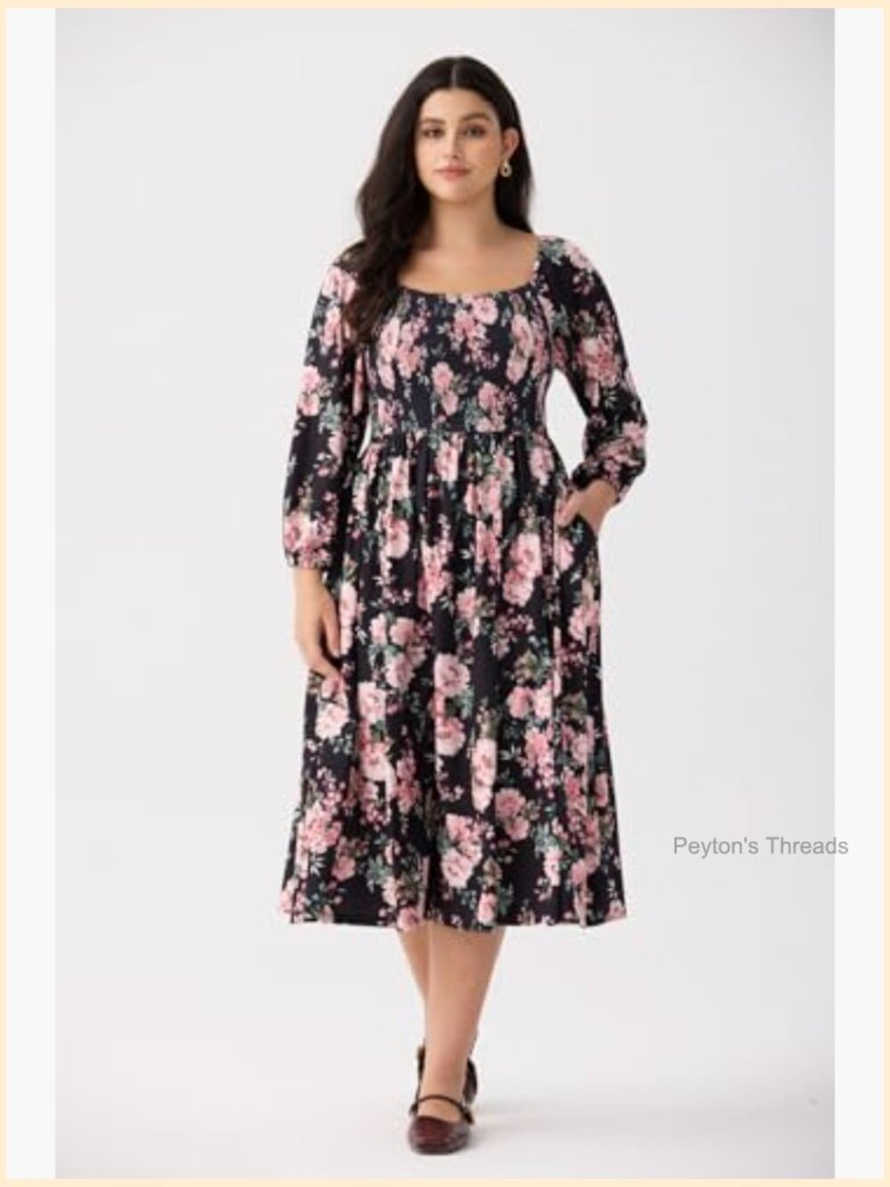 Plus Size Square Neck Long Sleeve Smocked Maxi Dress with Pockets - Picture 5 of 7